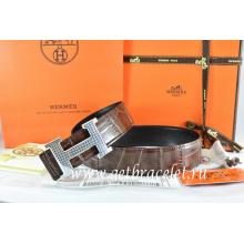 Designer Hermes Reversible Belt Brown/Black Crocodile Stripe Leather With18K Silver Wave Stripe H Buckle