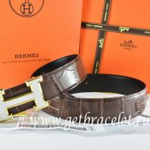 Faux Hermes Reversible Belt Brown/Black Crocodile Stripe Leather With18K White Gold H Buckle