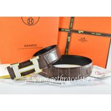 Faux Hermes Reversible Belt Brown/Black Crocodile Stripe Leather With18K White Gold H Buckle