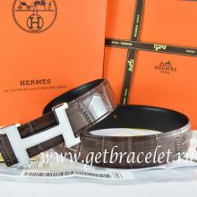 1:1 Copy Hermes Reversible Belt Brown/Black Crocodile Stripe Leather With18K White Silver Narrow H Buckle
