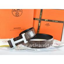 1:1 Copy Hermes Reversible Belt Brown/Black Crocodile Stripe Leather With18K White Silver Narrow H Buckle