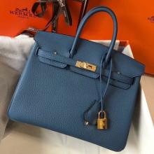 Hermes Birkin 25cm Handbag In Blue Agate Clemence Leather