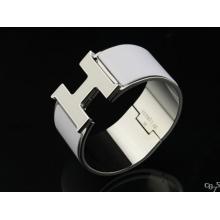 High End Hermes White Enamel Clic H Bracelet Narrow Width (33mm) In Silver