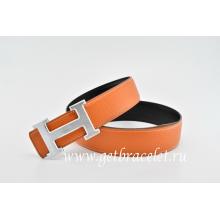 Hermes Reversible Belt Orange/Black Classics H Togo Calfskin With 18k Silver With Logo Buckle