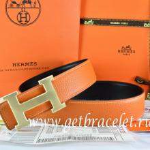 Luxury Imitation Hermes Reversible Belt Orange/Black Togo Calfskin With 18k Drawbench Gold H Buckle