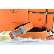 AAA Hermes Reversible Belt Orange/Black Togo Calfskin With 18k Silver H Buckle