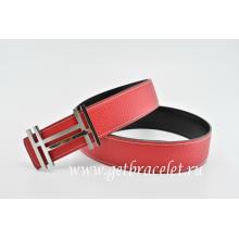 Hermes Reversible Belt Red/Black H Au Carre Togo Calfskin With 18k Silver Buckle