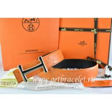 Luxury Faux Hermes Reversible Belt Orange/Black Ostrich Stripe Leather With 18K Black Gold Idem Buckle