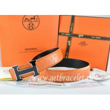 Perfect Hermes Reversible Belt Orange/Black Ostrich Stripe Leather With 18K Black Gold Width H Buckle