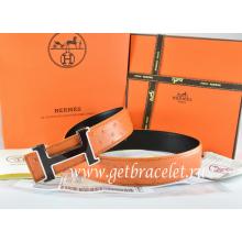 Hermes Reversible Belt Orange/Black Ostrich Stripe Leather With 18K Black Silver Narrow H Buckle