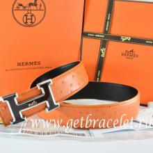 1:1 Knockoff Hermes Reversible Belt Orange/Black Ostrich Stripe Leather With 18K Black Silver White Logo H Buckle