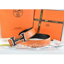 1:1 Knockoff Hermes Reversible Belt Orange/Black Ostrich Stripe Leather With 18K Black Silver White Logo H Buckle