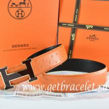 Hermes Reversible Belt Orange/Black Ostrich Stripe Leather With 18K Black Silver Width H Buckle Replica