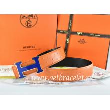 Best Copy Hermes Reversible Belt Orange/Black Ostrich Stripe Leather With 18K Blue Gold Width H Buckle