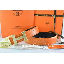 Hermes Reversible Belt Orange/Black Ostrich Stripe Leather With 18K Drawbench Gold H Buckle