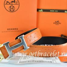 Hermes Reversible Belt Orange/Black Ostrich Stripe Leather With 18K Drawbench Silver H Buckle