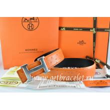 Hermes Reversible Belt Orange/Black Ostrich Stripe Leather With 18K Drawbench Silver H Buckle