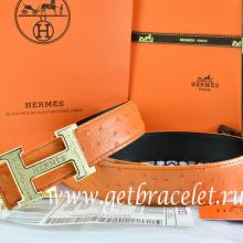 Imitation Hermes Reversible Belt Orange/Black Ostrich Stripe Leather With 18K Gold Bamboo Strip H Buckle