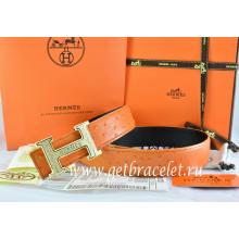 Imitation Hermes Reversible Belt Orange/Black Ostrich Stripe Leather With 18K Gold Bamboo Strip H Buckle