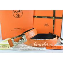 Hermes Reversible Belt Orange/Black Ostrich Stripe Leather With 18K Gold Coach Buckle Replica