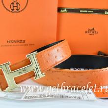 Fake Cheap Hermes Reversible Belt Orange/Black Ostrich Stripe Leather With 18K Gold Geometric Stripe H Buckle