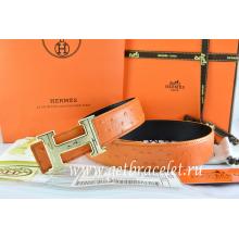 Fake Cheap Hermes Reversible Belt Orange/Black Ostrich Stripe Leather With 18K Gold Geometric Stripe H Buckle