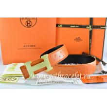 Hermes Reversible Belt Orange/Black Ostrich Stripe Leather With 18K Gold H Buckle