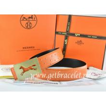 Wholesale Hermes Reversible Belt Orange/Black Ostrich Stripe Leather With 18K Gold Hollow Horse Buckle