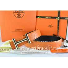 Hermes Reversible Belt Orange/Black Ostrich Stripe Leather With 18K Gold Idem Buckle Replica