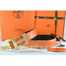 Perfect Knockoff Hermes Reversible Belt Orange/Black Ostrich Stripe Leather With 18K Gold Spot Stripe H Buckle