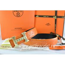 Cheap Hermes Reversible Belt Orange/Black Ostrich Stripe Leather With 18K Gold Stripe Logo H Buckle