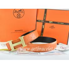 Faux Hermes Reversible Belt Orange/Black Ostrich Stripe Leather With 18K Gold Wave Stripe H Buckle