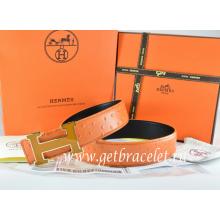 Perfect Hermes Reversible Belt Orange/Black Ostrich Stripe Leather With 18K Orange Gold Width H Buckle