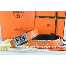 Hermes Reversible Belt Orange/Black Ostrich Stripe Leather With 18K Silver Big H Buckle Replica