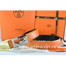 Replica Cheap Hermes Reversible Belt Orange/Black Ostrich Stripe Leather With 18K Silver Coach Buckle