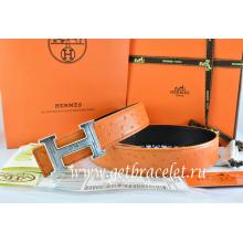 Replica High End Hermes Reversible Belt Orange/Black Ostrich Stripe Leather With 18K Silver Geometric Stripe H Buckle