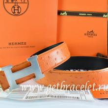Hermes Reversible Belt Orange/Black Ostrich Stripe Leather With 18K Silver H Buckle