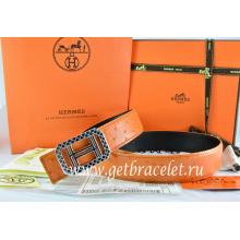 Replica Hermes Reversible Belt Orange/Black Ostrich Stripe Leather With 18K Silver Lace Strip H Buckle