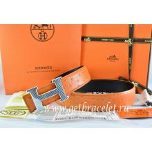 Hermes Reversible Belt Orange/Black Ostrich Stripe Leather With 18K Silver Wave Stripe H Buckle Replica