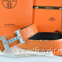 Hermes Reversible Belt Orange/Black Ostrich Stripe Leather With 18K Silver Weave Stripe H Buckle Replica