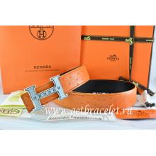 Hermes Reversible Belt Orange/Black Ostrich Stripe Leather With 18K Silver Weave Stripe H Buckle Replica