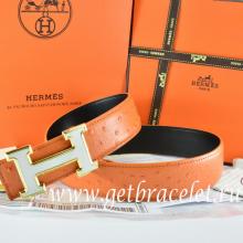 Luxury Replica Hermes Reversible Belt Orange/Black Ostrich Stripe Leather With 18K White Gold H Buckle