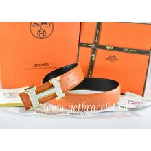 Luxury Replica Hermes Reversible Belt Orange/Black Ostrich Stripe Leather With 18K White Gold H Buckle