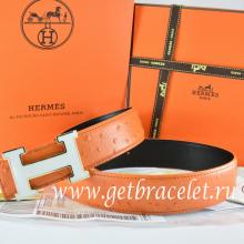 Hermes Reversible Belt Orange/Black Ostrich Stripe Leather With 18K White Silver H Buckle