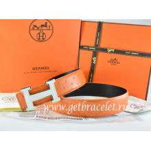 Hermes Reversible Belt Orange/Black Ostrich Stripe Leather With 18K White Silver H Buckle