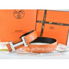 Hermes Reversible Belt Orange/Black Ostrich Stripe Leather With 18K White Silver Narrow H Buckle