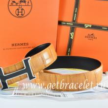 Replica Hermes Reversible Belt Orange/Black Crocodile Stripe Leather With18K Black Silver With Logo H Buckle