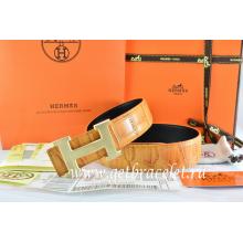 Hermes Reversible Belt Orange/Orange Crocodile Stripe Leather With18K Drawbench Gold H Buckle