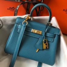 Hermes Mini Kelly 20cm Handbag In Blue Jean Clemence Leather Replica