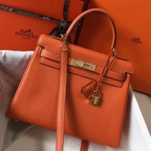 Hermes Orange Clemence Kelly 28cm Handbag